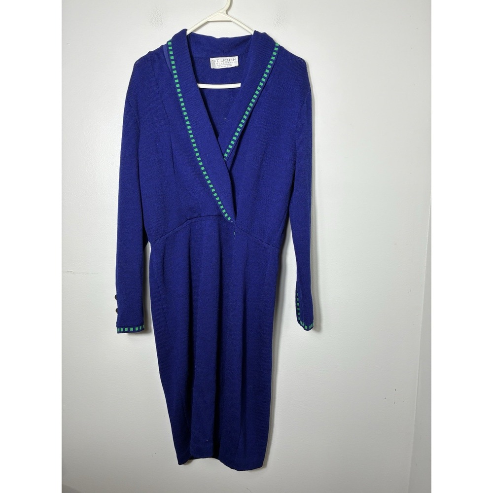 Vintage St. John by Marie Gray Knit Sweater Dress Sz 8 Collar Neck Blue Cotton